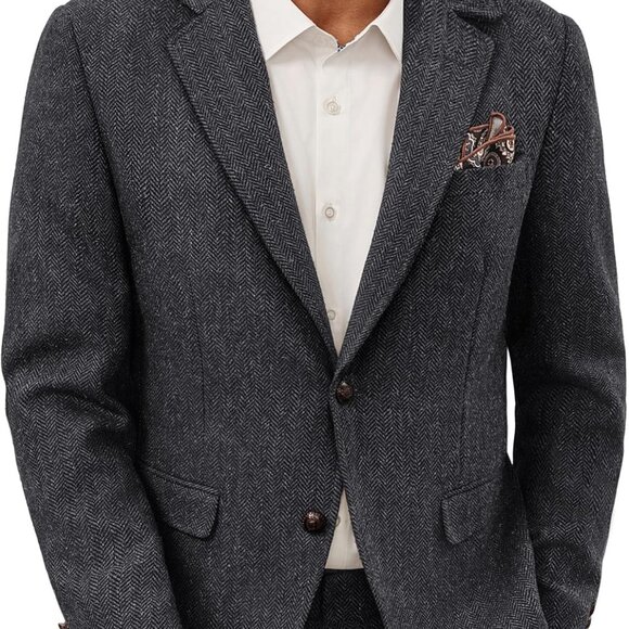Men's Dark Gray Wool Blend Herringbone Tweed Blazer - Versatile Style - Large